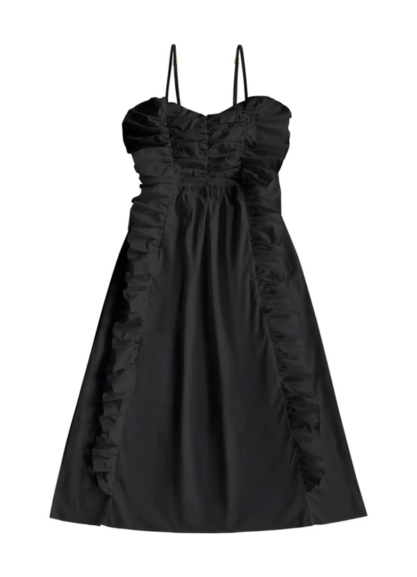 Angel - Vestido Midi Babados Tricoline Preto