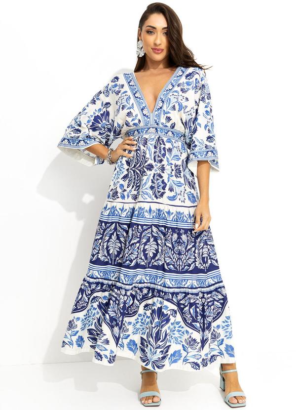 Farm - Vestido Midi Barrados Azul
