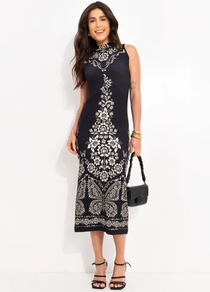 Farm - Vestido Midi Borbolina Preto - FARM