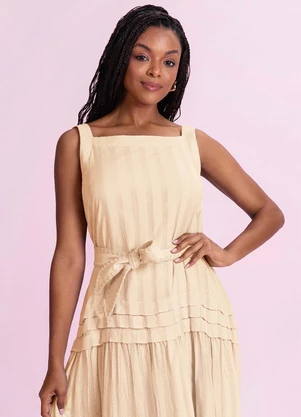 Angel - Vestido Midi Bordada Bege - ANGEL