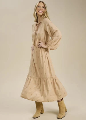 Angel - Vestido Midi Bordado Bege - ANGEL