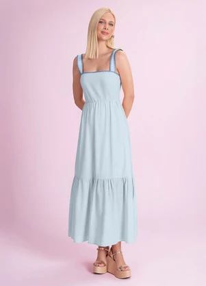 Angel - Vestido Midi Cambraia de Algodão Azul - ANGEL