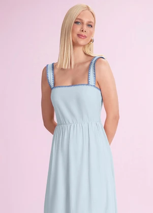 Angel - Vestido Midi Cambraia de Algodão Azul - ANGEL