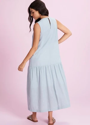 Angel - Vestido Midi Cambraia de Algodão Azul - ANGEL