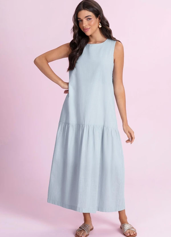 Angel - Vestido Midi Cambraia de Algodão Azul