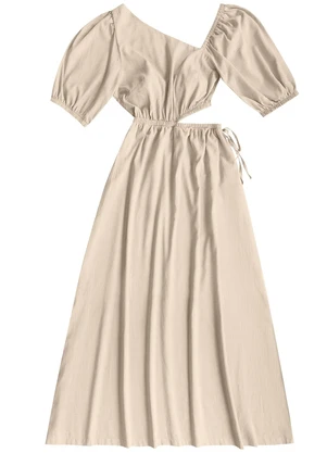 Angel - Vestido Midi Cambraia de Algodao Bege - ANGEL