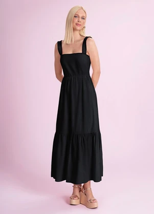 Angel - Vestido Midi Cambraia de Algodão Preto - ANGEL