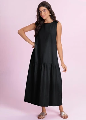 Angel - Vestido Midi Cambraia de Algodão Preto - ANGEL