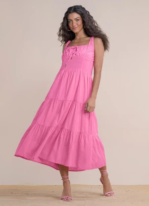 Angel - Vestido Midi Cambraia de Algodao Rosa - ANGEL