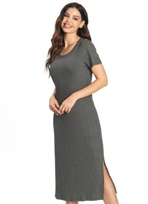 Rovitex - Vestido Midi Canelado Básico Cinza - ROVITEX