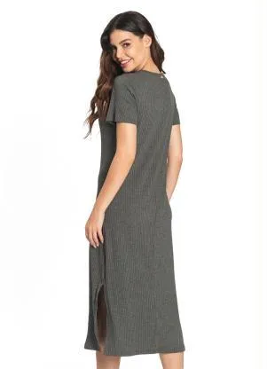 Rovitex - Vestido Midi Canelado Básico Cinza - ROVITEX