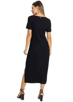 Rovitex - Vestido Midi Canelado Básico Preto - ROVITEX