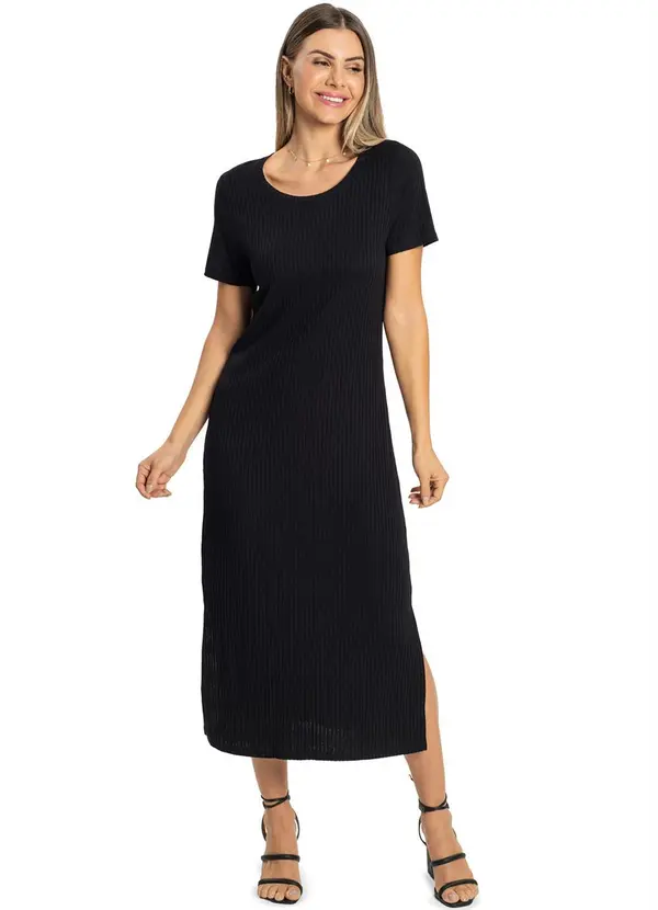 Rovitex - Vestido Midi Canelado Básico Preto