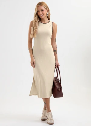 Cativa - Vestido Midi Canelado Bege - CATIVA
