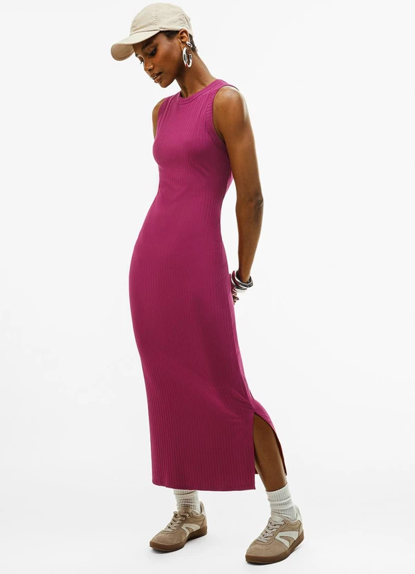 Cativa - Vestido Midi Canelado com Aberturas Laterais Pink