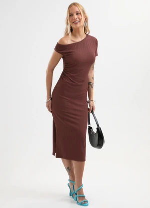 Cativa - Vestido Midi Canelado com Decote Assimétrico Marr - CATIVA