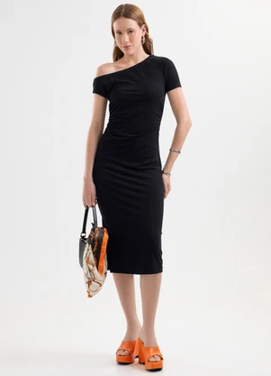 Cativa - Vestido Midi Canelado com Decote Assimétrico Pret - CATIVA