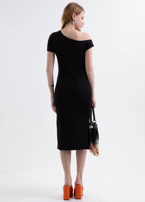 Cativa - Vestido Midi Canelado com Decote Assimétrico Pret - CATIVA