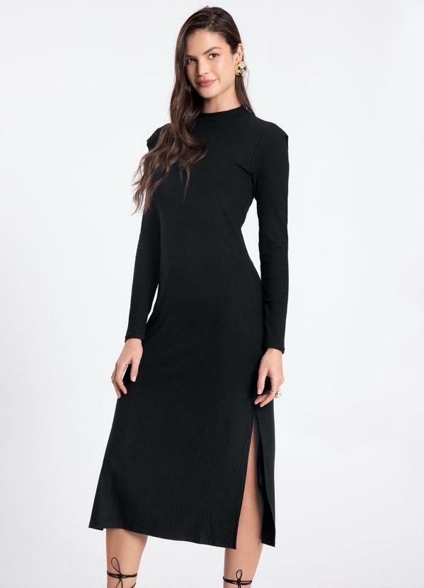 Lunender - Vestido Midi Canelado com Fenda Lateral Preto