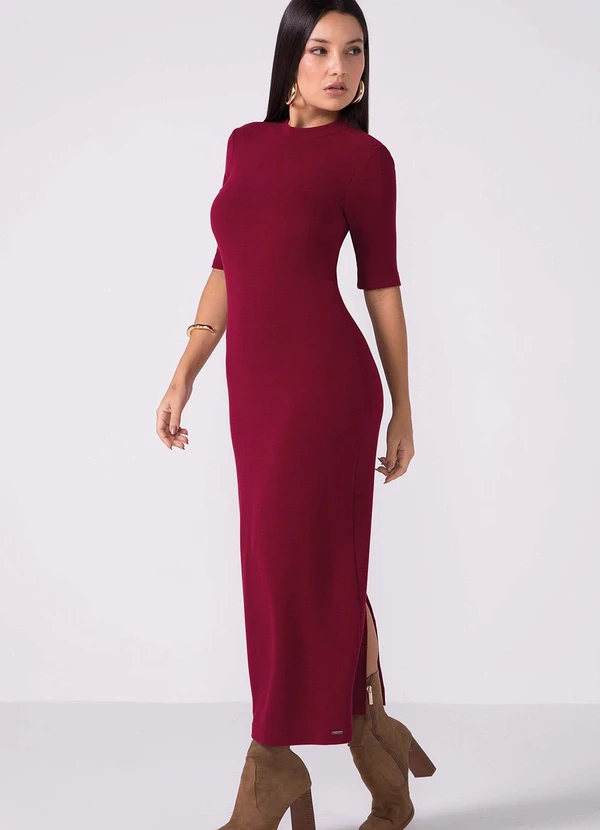Vestido Midi Canelado com Fenda Vermelho Marialicia