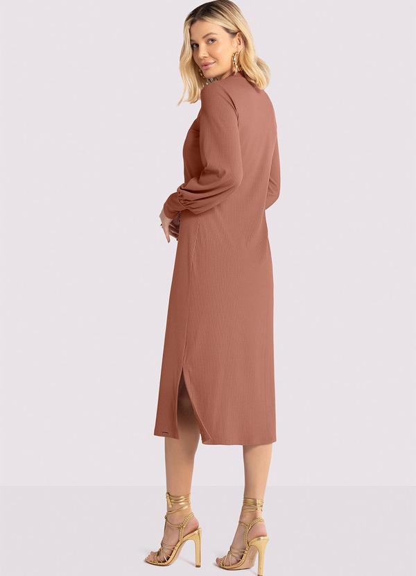 Lunender - Vestido Midi Canelado com Manga Bufante Marrom 2