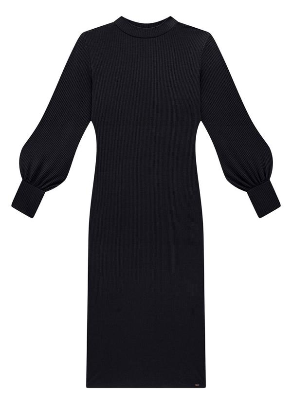 Lunender - Vestido Midi Canelado com Manga Bufante Preto