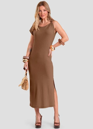 Dianna - Vestido Midi Canelado Marrom - DIANNA