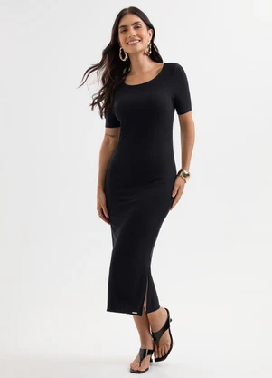 Cativa - Vestido Midi Canelado Preto - CATIVA