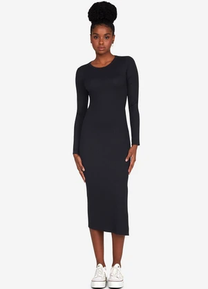 Basicamente - Vestido Midi Canelado Recorte Costas Preto - BASICAMENTE