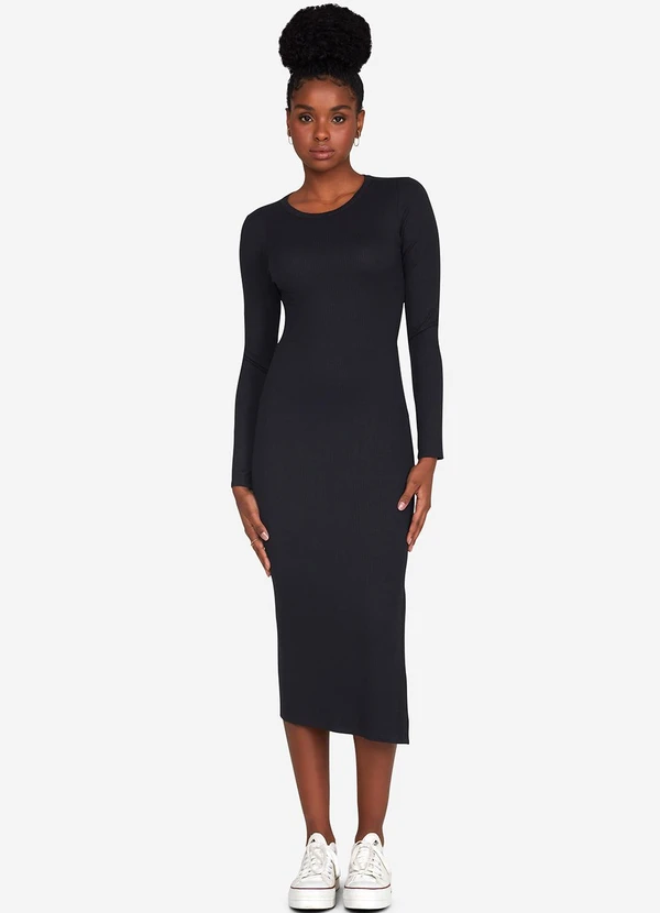 Basicamente - Vestido Midi Canelado Recorte Costas Preto