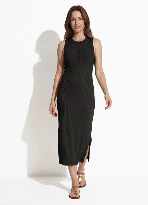 Fakini - Vestido Midi Canelado Texturizado Preto