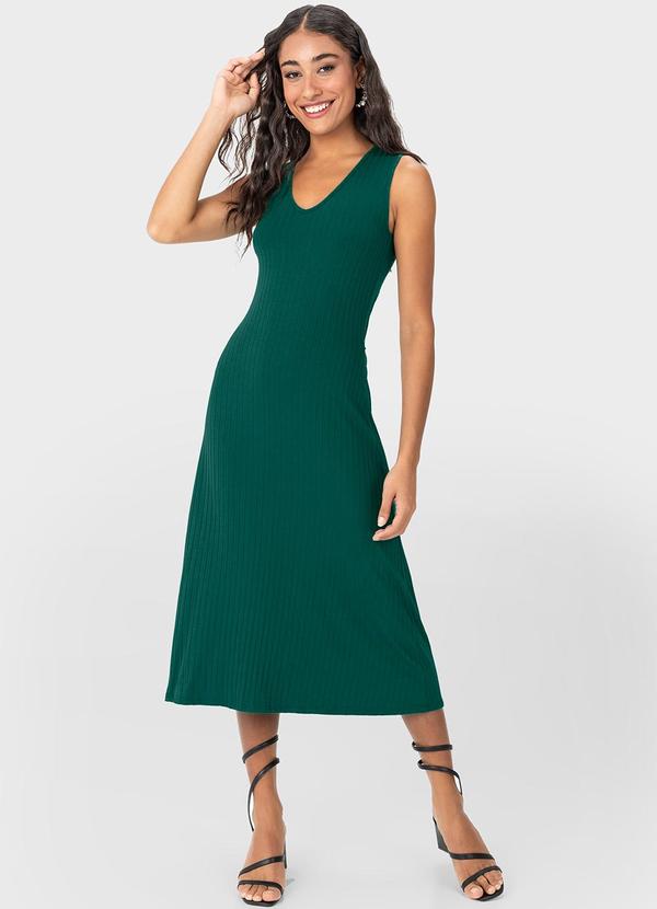 Malwee - Vestido Mídi Canelado Verde