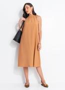 Vestido Midi Caramelo em Alfaiataria com Amarra��o e Fendas