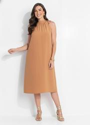 Vestido Midi Caramelo em Alfaiataria com Amarra��o e Fendas