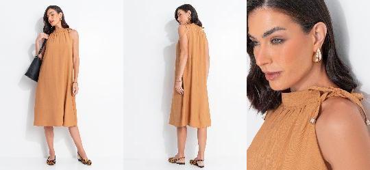 Vestido Midi Caramelo em Alfaiataria com Amarra��o e Fendas