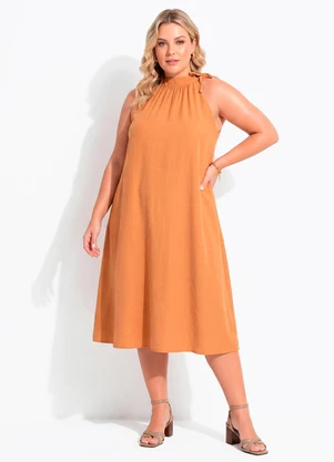 Quintess - Vestido Midi Caramelo em Alfaiataria com Amarração e Fendas - QUINTESS