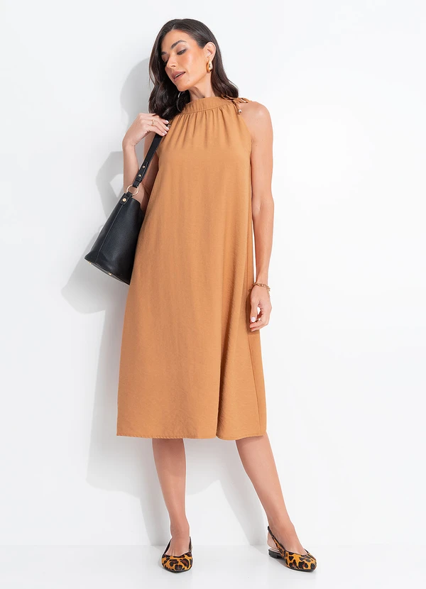 Quintess - Vestido Midi Caramelo em Alfaiataria com Amarração e Fendas