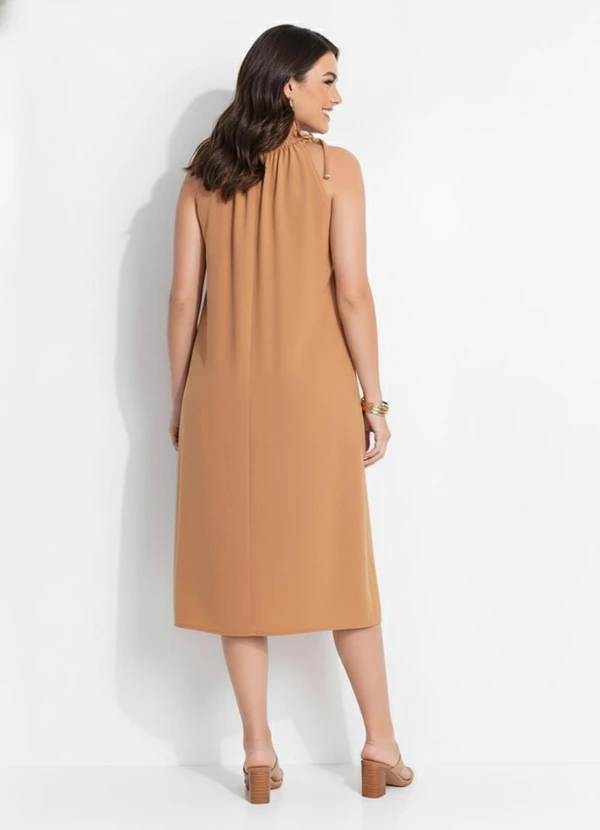 Quintess - Vestido Midi Caramelo em Alfaiataria com Amarração e Fendas 2