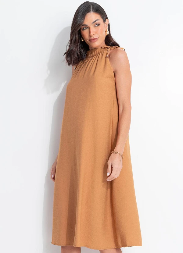 Quintess - Vestido Midi Caramelo em Alfaiataria com Amarração e Fendas 5