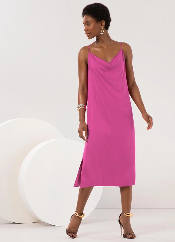 Lunender - Vestido Midi Chá com Alças Finas Rosa