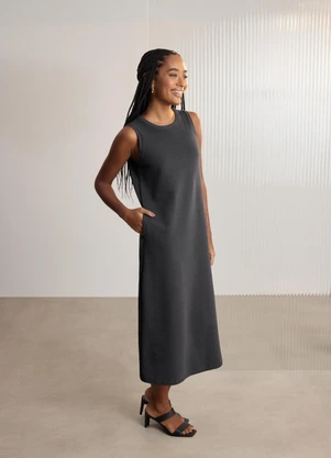 Lunender - Vestido Midi Chá com Bolsos em Moletom Cinza - LUNENDER