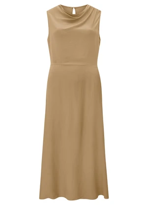 Lunender - Vestido Midi Chá com Decote Degagê Bege - LUNENDER