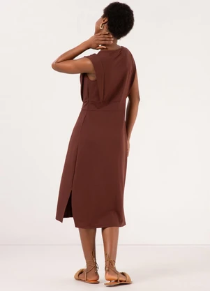Lunender - Vestido Midi Chá com Fendas Laterais Marrom - LUNENDER