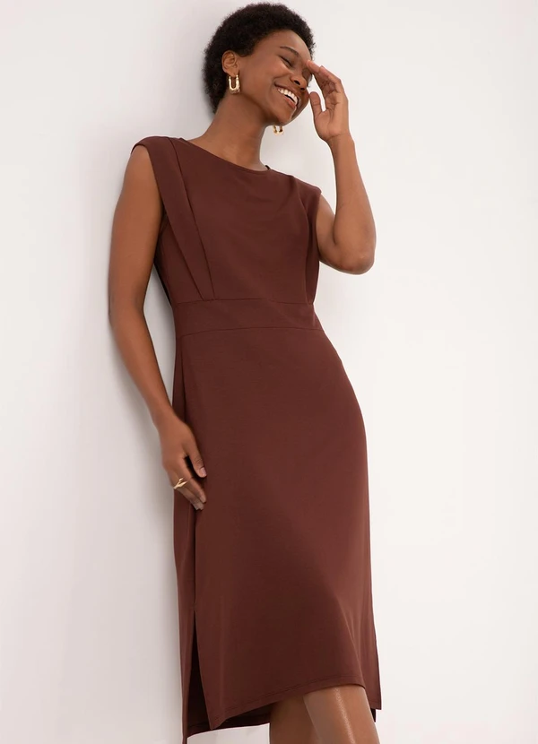 Lunender - Vestido Midi Chá com Fendas Laterais Marrom 3