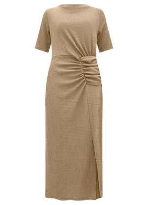 Lunender - Vestido Midi Chá com Franzidos Texturizada Bege - LUNENDER