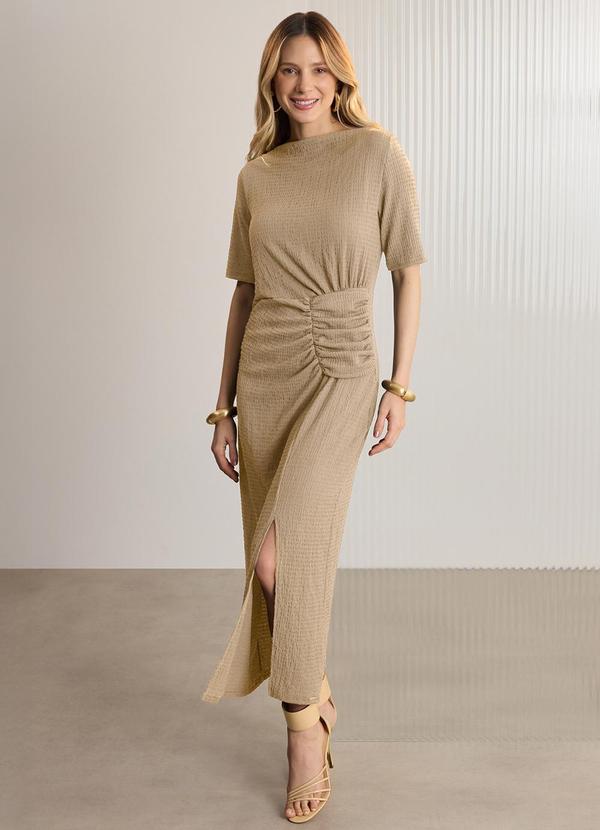 Lunender - Vestido Midi Chá com Franzidos Texturizada Bege