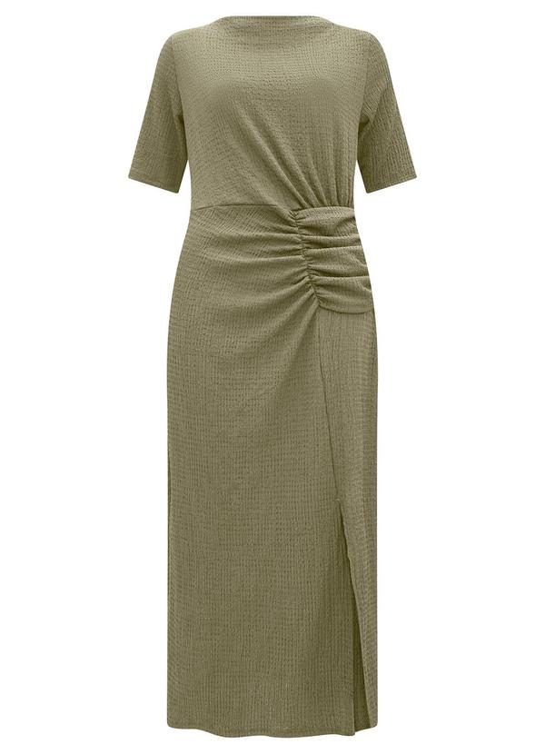 Lunender - Vestido Midi Chá com Franzidos Texturizada Verde