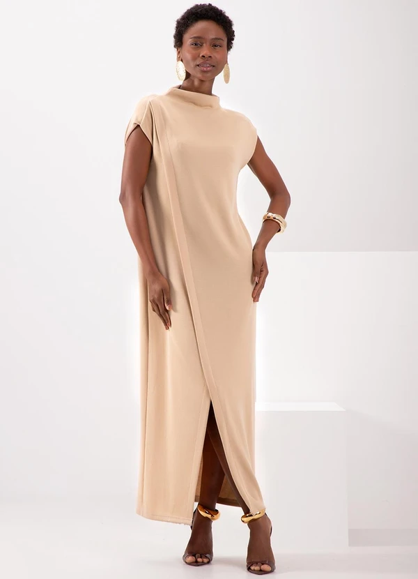 Lunender Vestido Midi Chá com Gola Alta em Malha Bege