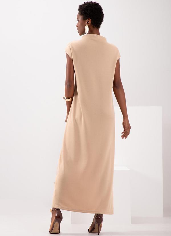 Lunender - Vestido Midi Chá com Gola Alta em Malha Bege 2