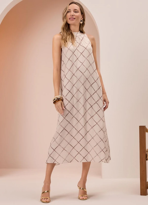 Lunender - Vestido Midi Chá com Gola em Viscose Bege